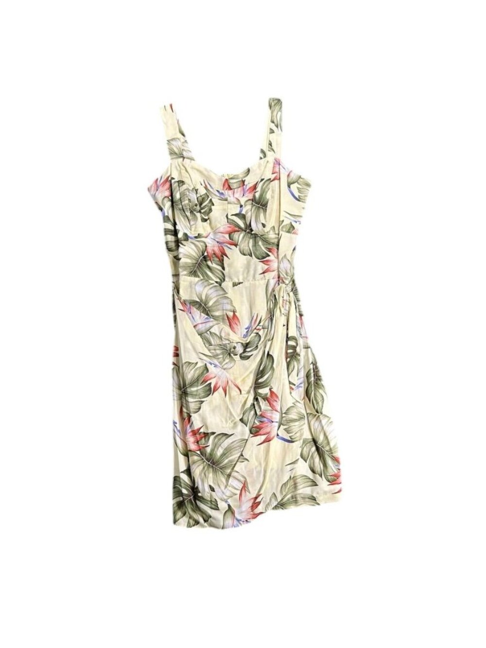 Vintage 90s PARADISE FOUND Yellow Hawaiian Tropical Leaf Mini Dress Size MEDIUM